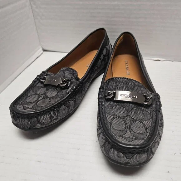 Coach Olive Black Gray Signature Logo Print Canvas Leather Loafer Shoes 10 40 - Picture 3 of 15